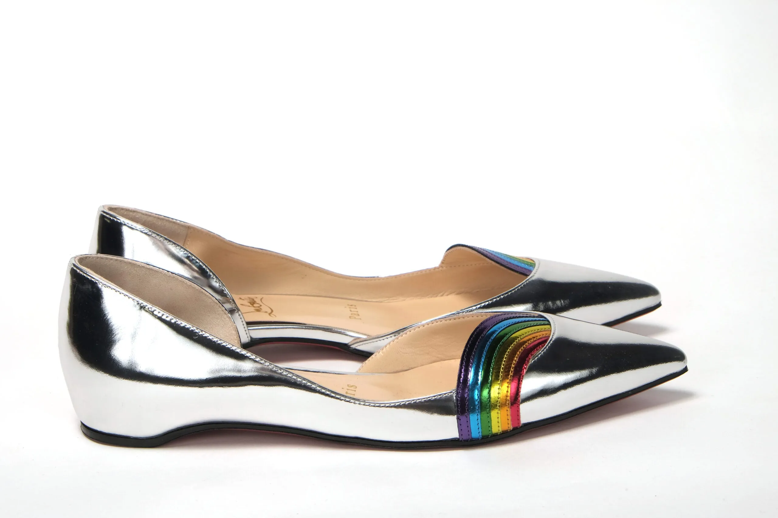 Narrow Flat Shoes Christian Louboutin Silver Patentleather Flat Point Toe Shoe