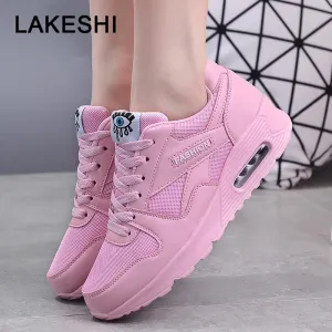 Women Sneakers Breathable Outdoor Walking Shoes Woman Mesh Casual Shoes Pink Lace-Up Ladies Shoes 2019 Fashion Female Sneakers Gold Flat Open Toe Shoes