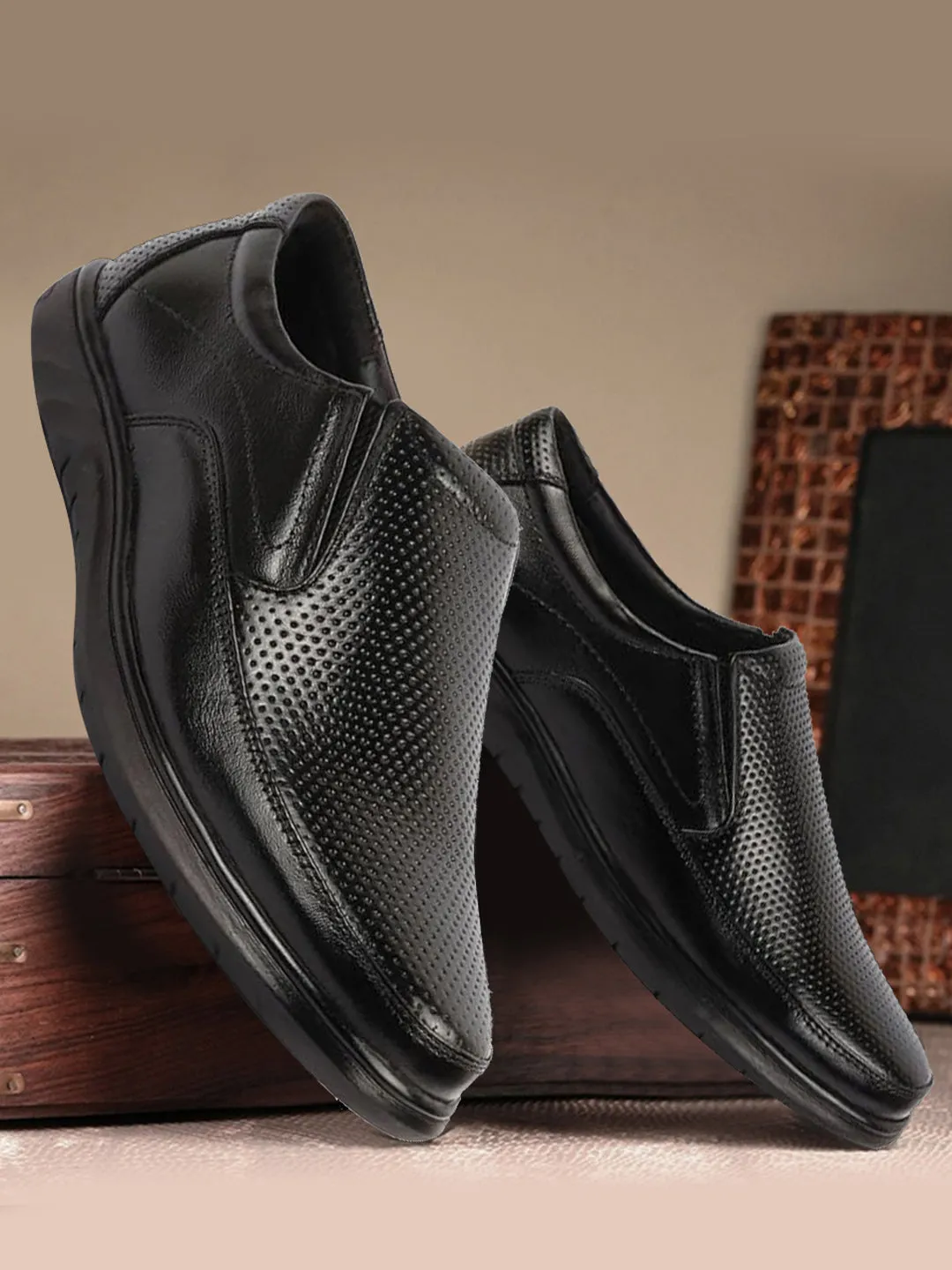 Men Black Genuine Leather Textured Formal Slip On Flat Heel Shoes For Office|Work|Broad Feet Formal Shoes Jones Flat Shoes