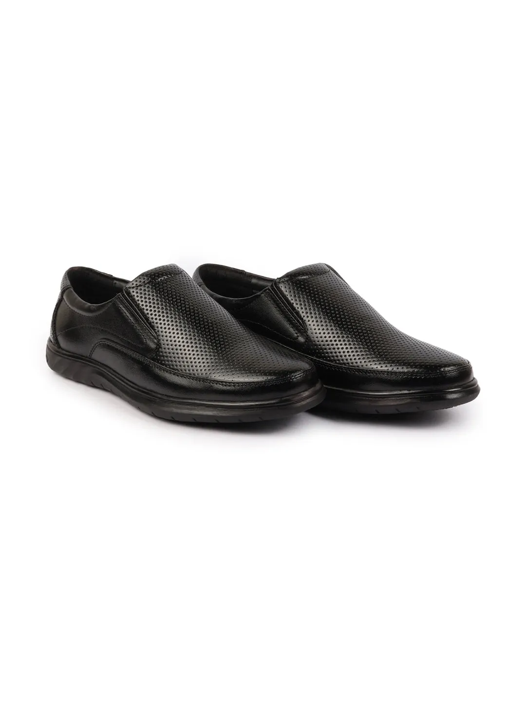 Men Black Genuine Leather Textured Formal Slip On Flat Heel Shoes For Office|Work|Broad Feet Formal Shoes Dress And Flat Shoes