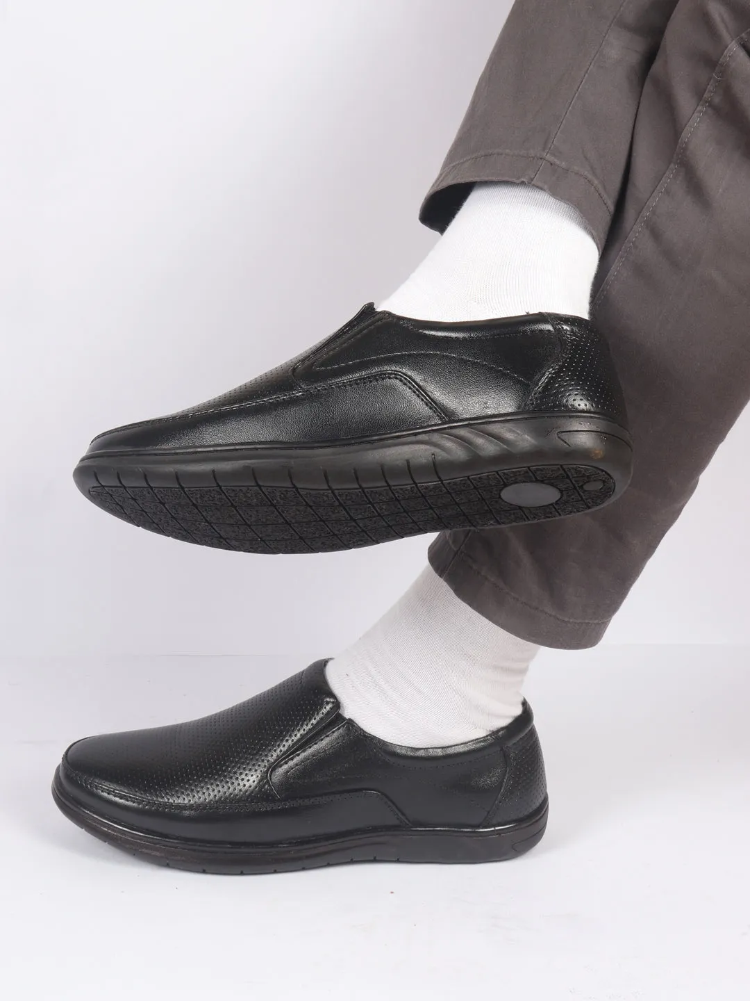 Men Black Genuine Leather Textured Formal Slip On Flat Heel Shoes For Office|Work|Broad Feet Formal Shoes Flat Shoes Sale