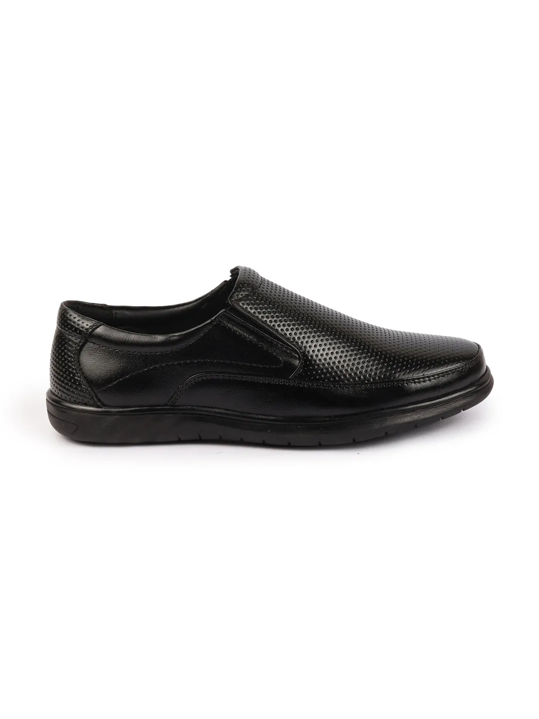 Men Black Genuine Leather Textured Formal Slip On Flat Heel Shoes For Office|Work|Broad Feet Formal Shoes Flat Shoes With Heel Support