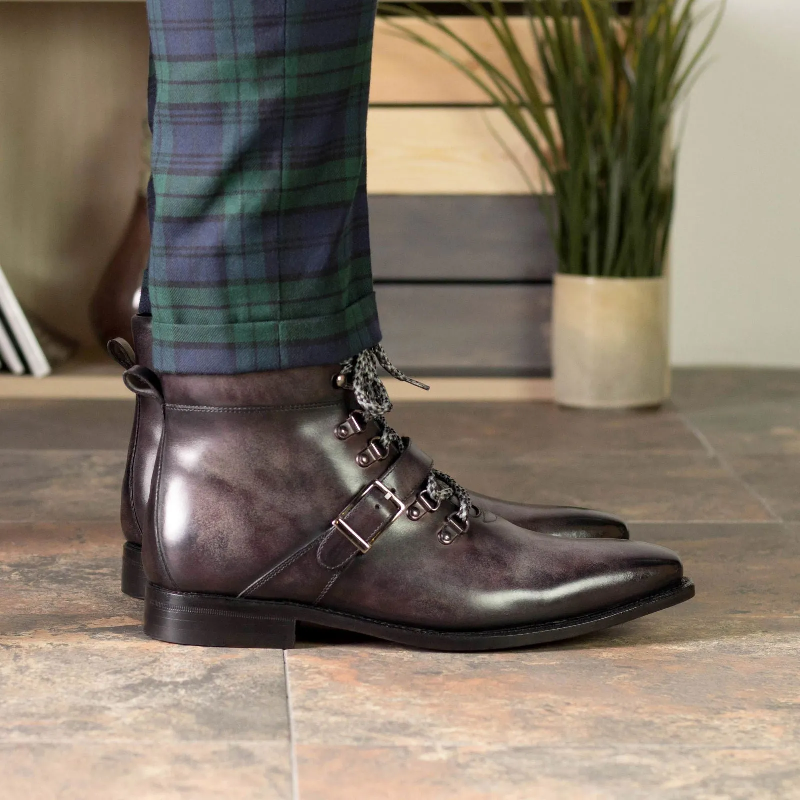 Men's Hiking Boots Patina Leather Goodyear Welt Wide Plus Size Violet 5517 Best Hiking Shoes For Tour Du Mont Blanc