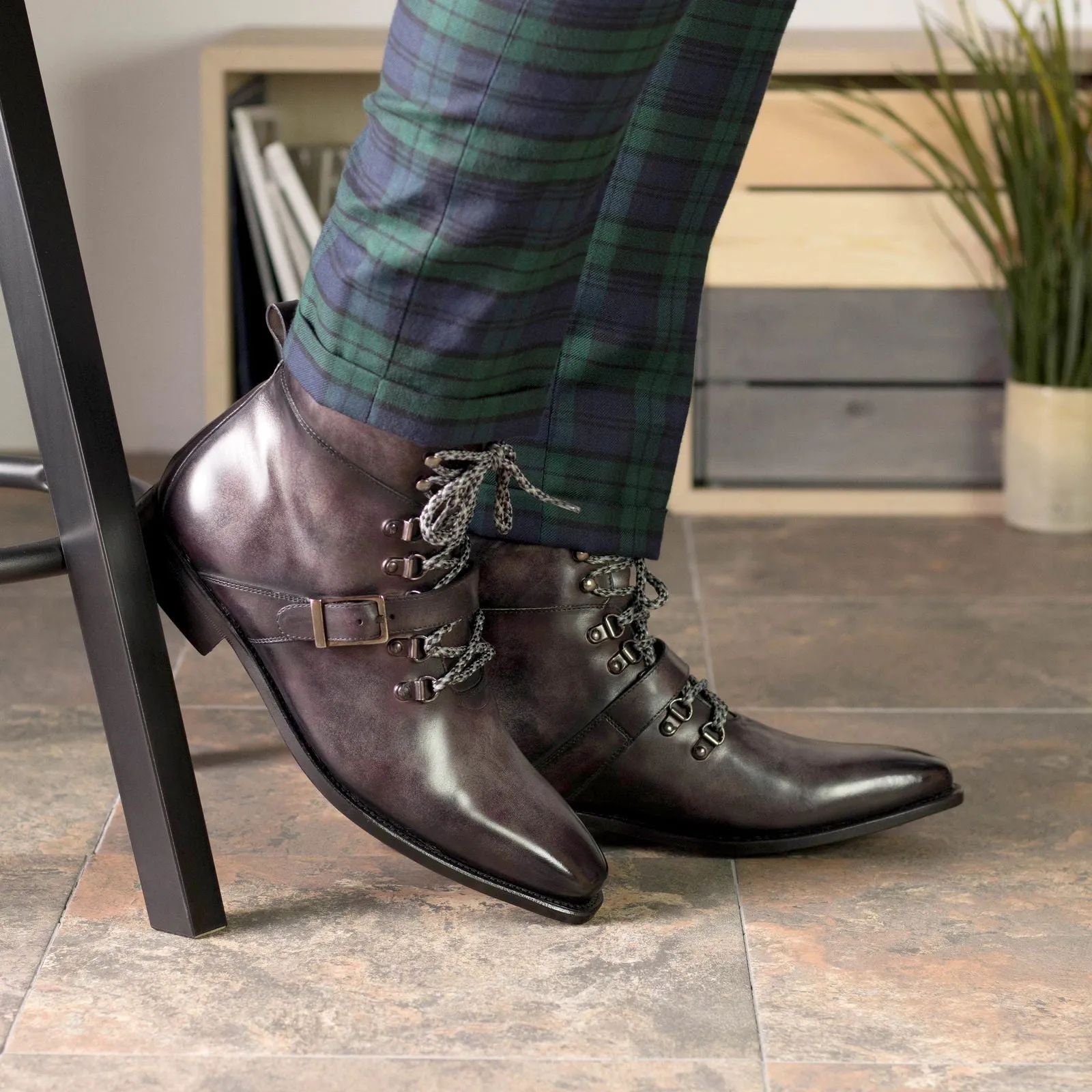 Men's Hiking Boots Patina Leather Goodyear Welt Wide Plus Size Violet 5517 Hiking Shoes Boston Ma