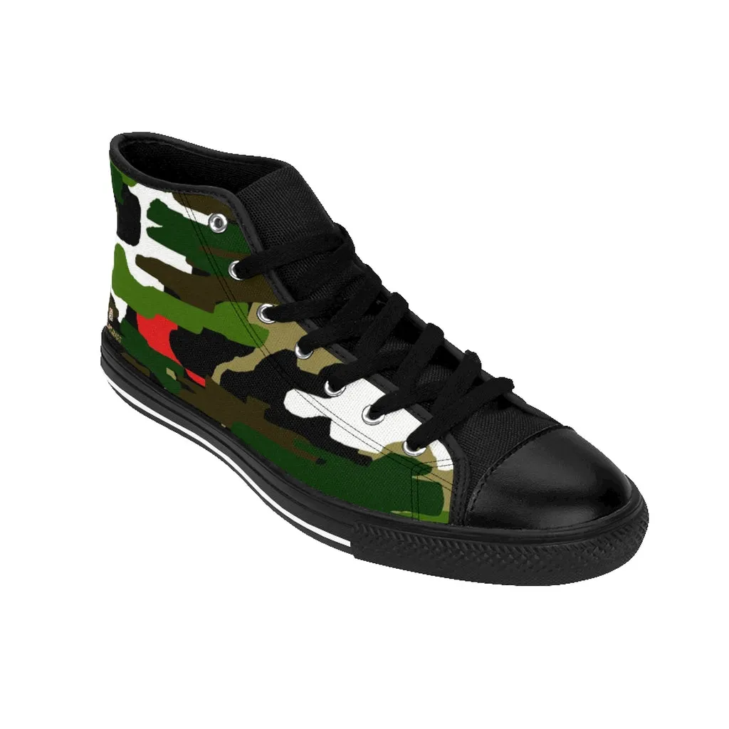 Woodland Boots Green Camo Men's High-top Sneakers, Red Camouflage Print Men's Designer Tennis Running Shoes