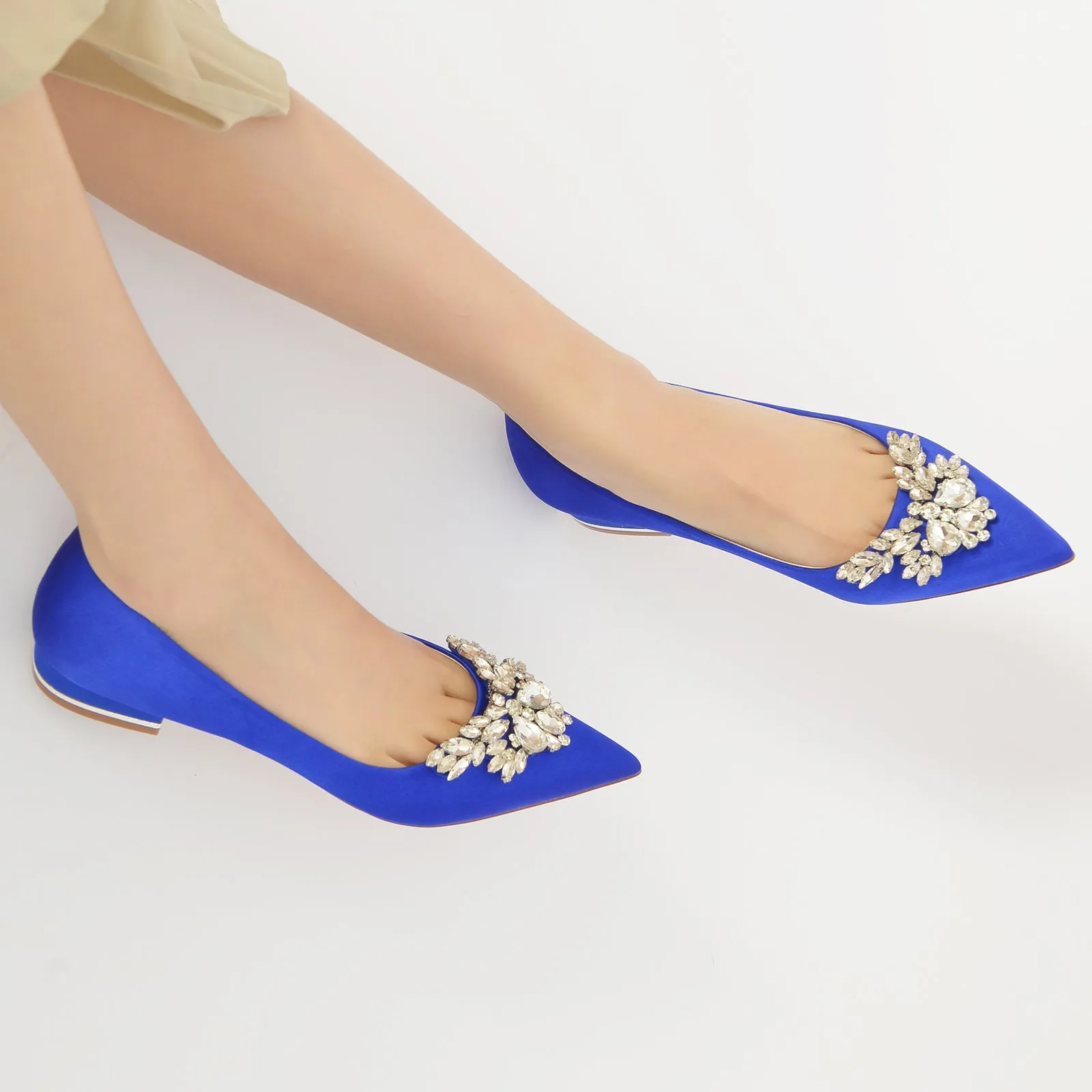 Lifting In Flat Shoes Women's Silk Satin With Rhinestone Closed Toe Flat Heel Party Shoes