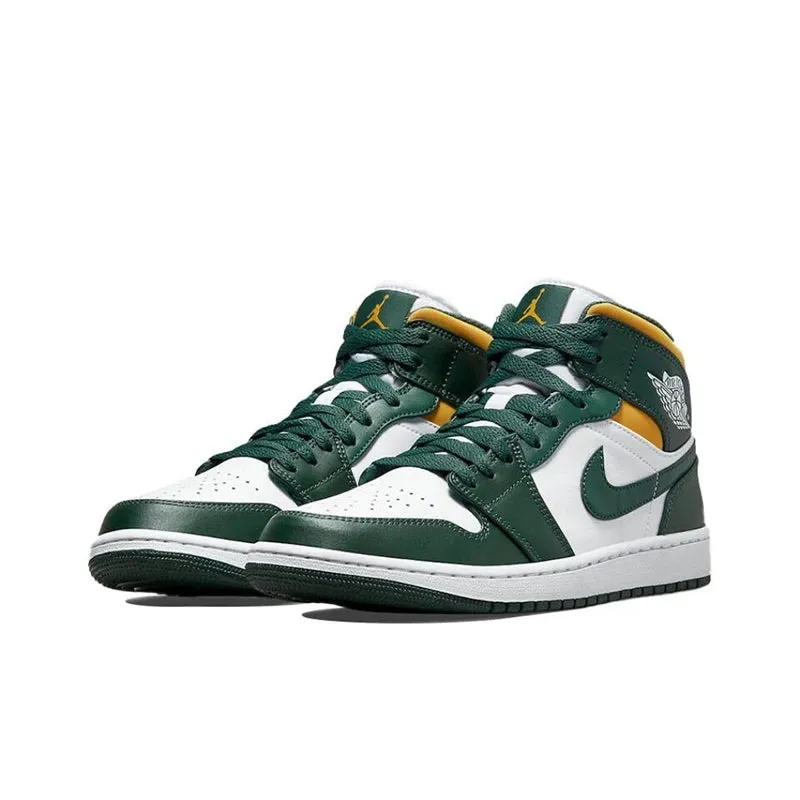 Original Air Jordan 1 Mid Seattle Supersonics High Top Retro Basketball Shoes Men's White Green Yellow Sneakers Asics Shoes With Carbon Plate