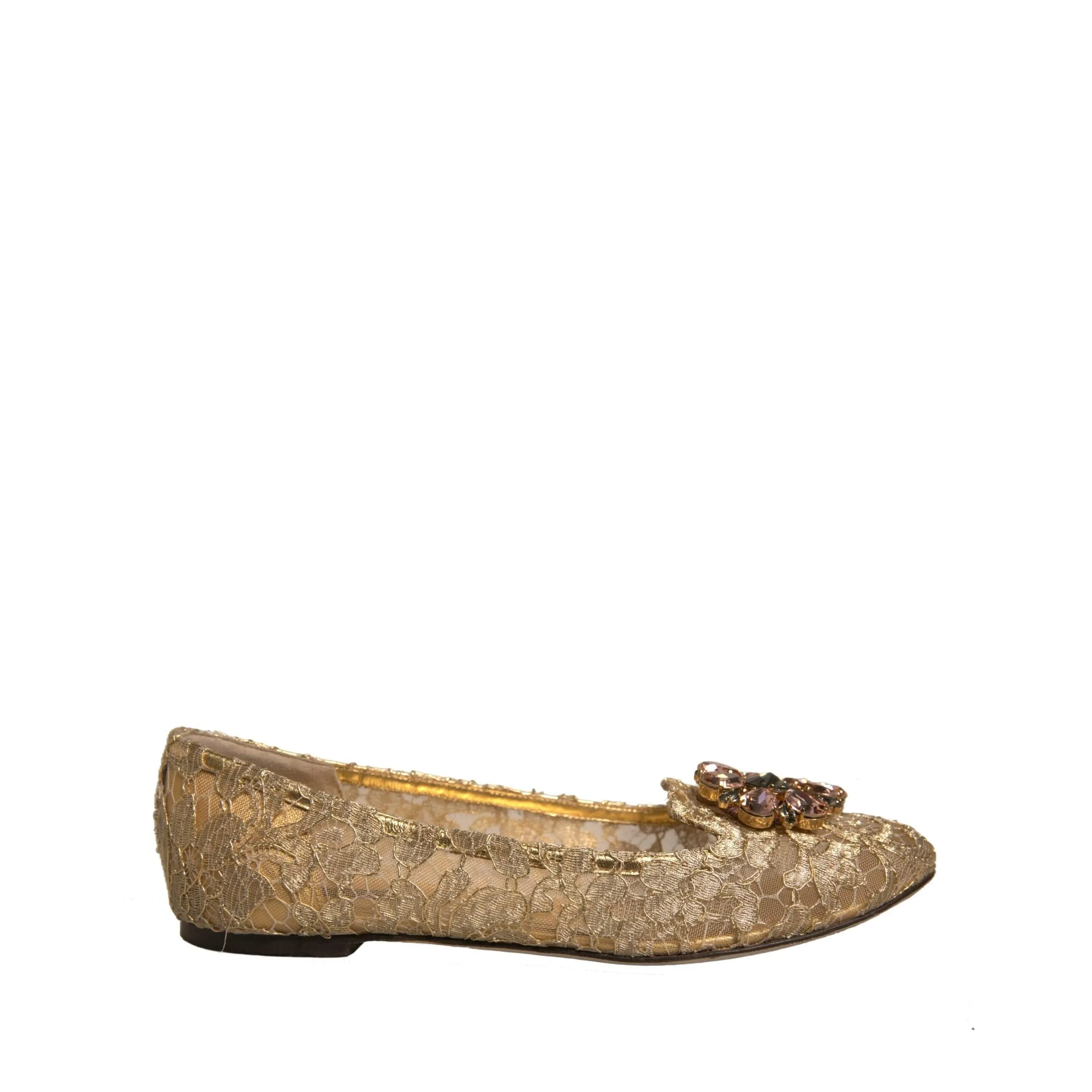 Flat Front Dress Shoes Dolce & Gabbana Gold Crystal Loafer Lace Ballet Flats Shoes