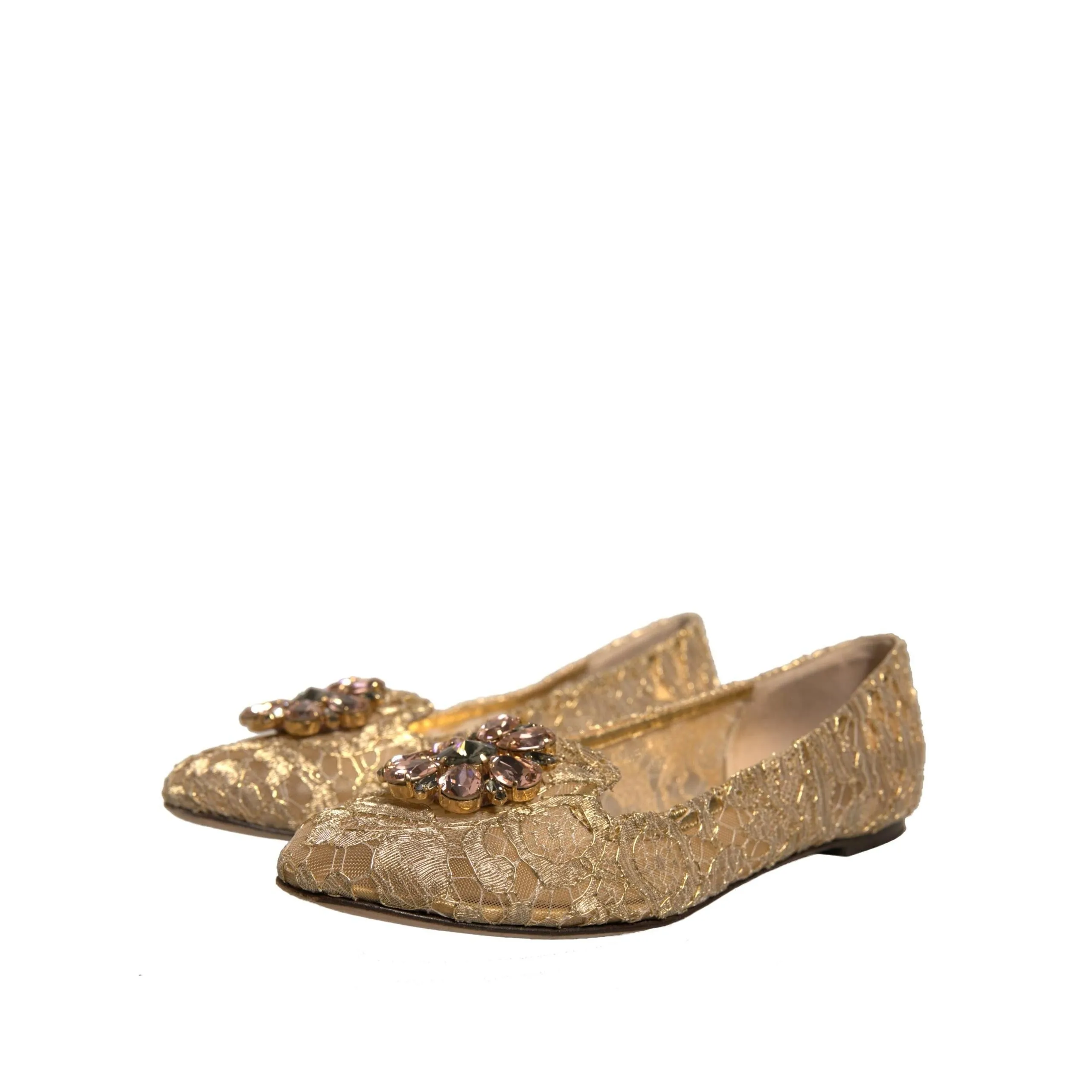 Dolce & Gabbana Gold Crystal Loafer Lace Ballet Flats Shoes So Flats Shoes