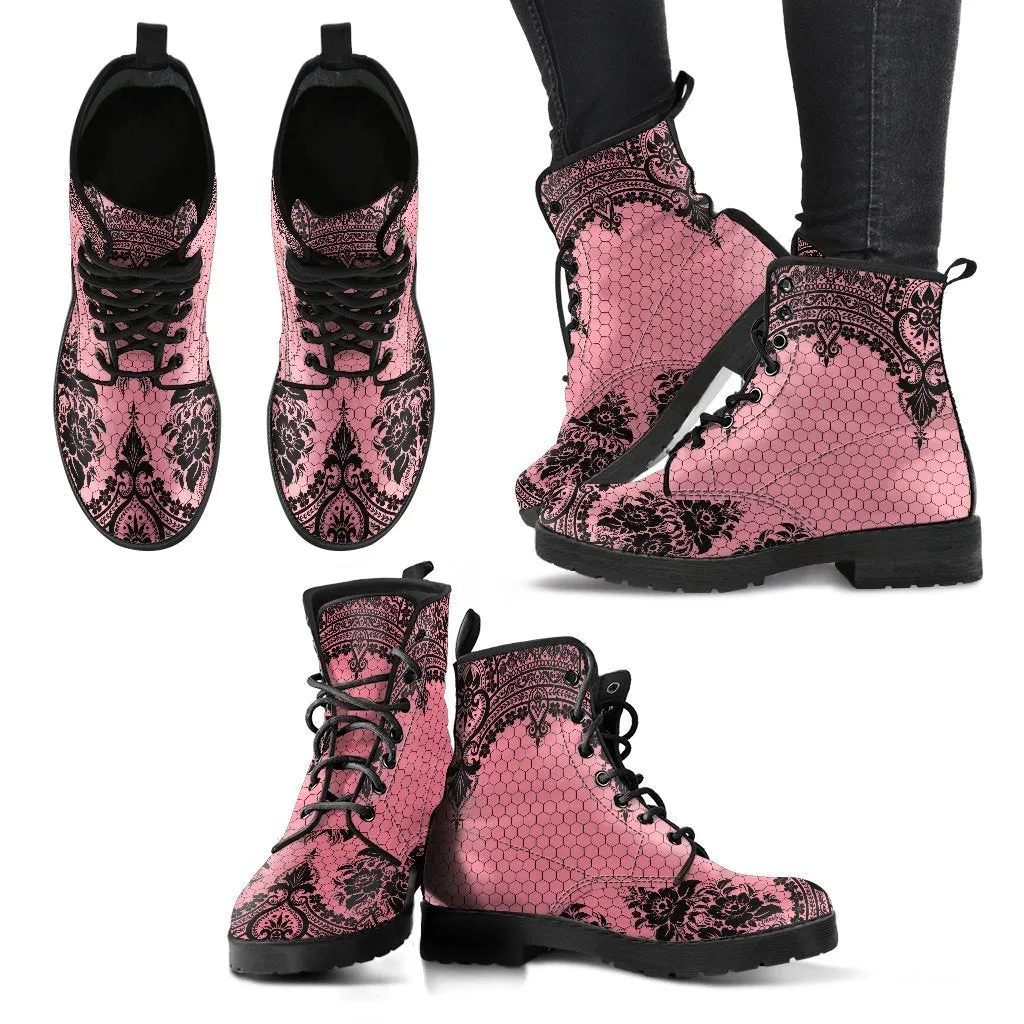 Pink Combat Boots-Gothic Lace Print 109 Flat Shoes With Strings