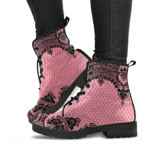 Pink Combat Boots-Gothic Lace Print 109 Best Walking Shoes
