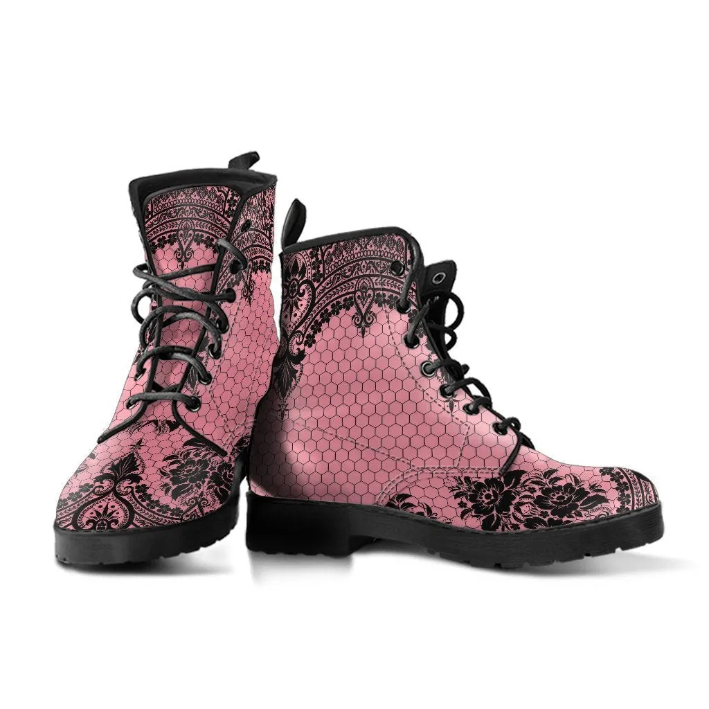 Raspberry Flat Shoes Pink Combat Boots-Gothic Lace Print 109