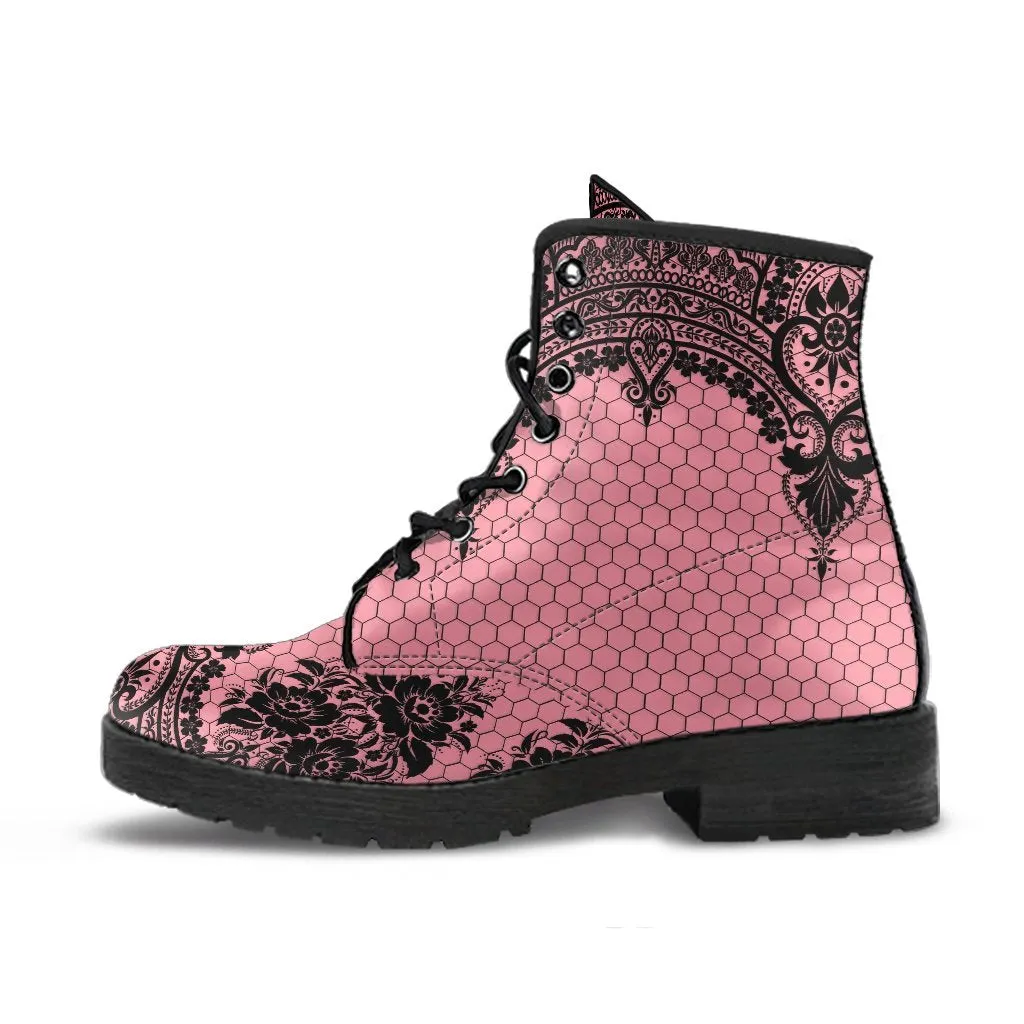 Pink Combat Boots-Gothic Lace Print 109 Best Arch Support Shoes