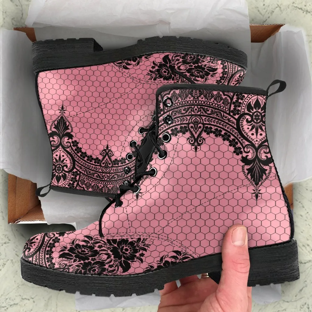 Flat Shoes That Go With Dresses Pink Combat Boots-Gothic Lace Print 109
