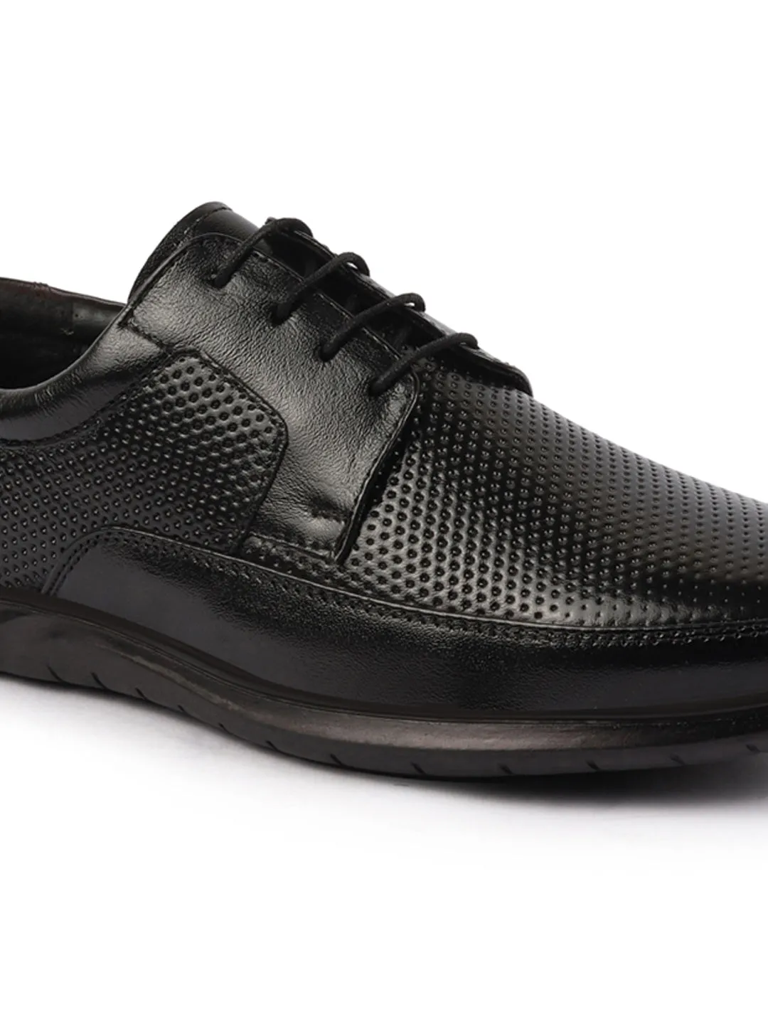 Men Black Genuine Leather Textured Formal Lace Up Flat Heel Shoes For Office|Work|Broad Feet Formal Shoes Wing Flats Shoes