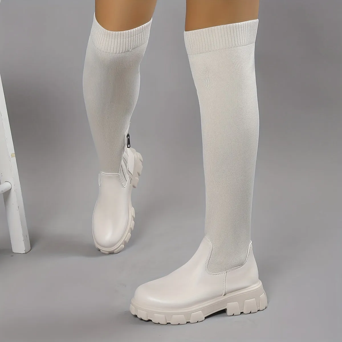 Trendy Platform Knee Knitted Slim Boots Casual Shoes Boots