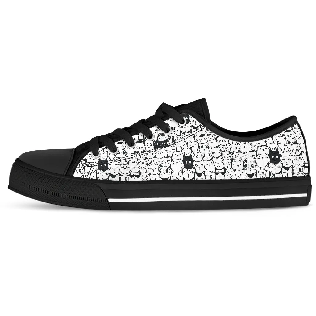 Lacing Up Sneakers Tiny Cat Faces Women's Low Top Shoes Animal Sneakers