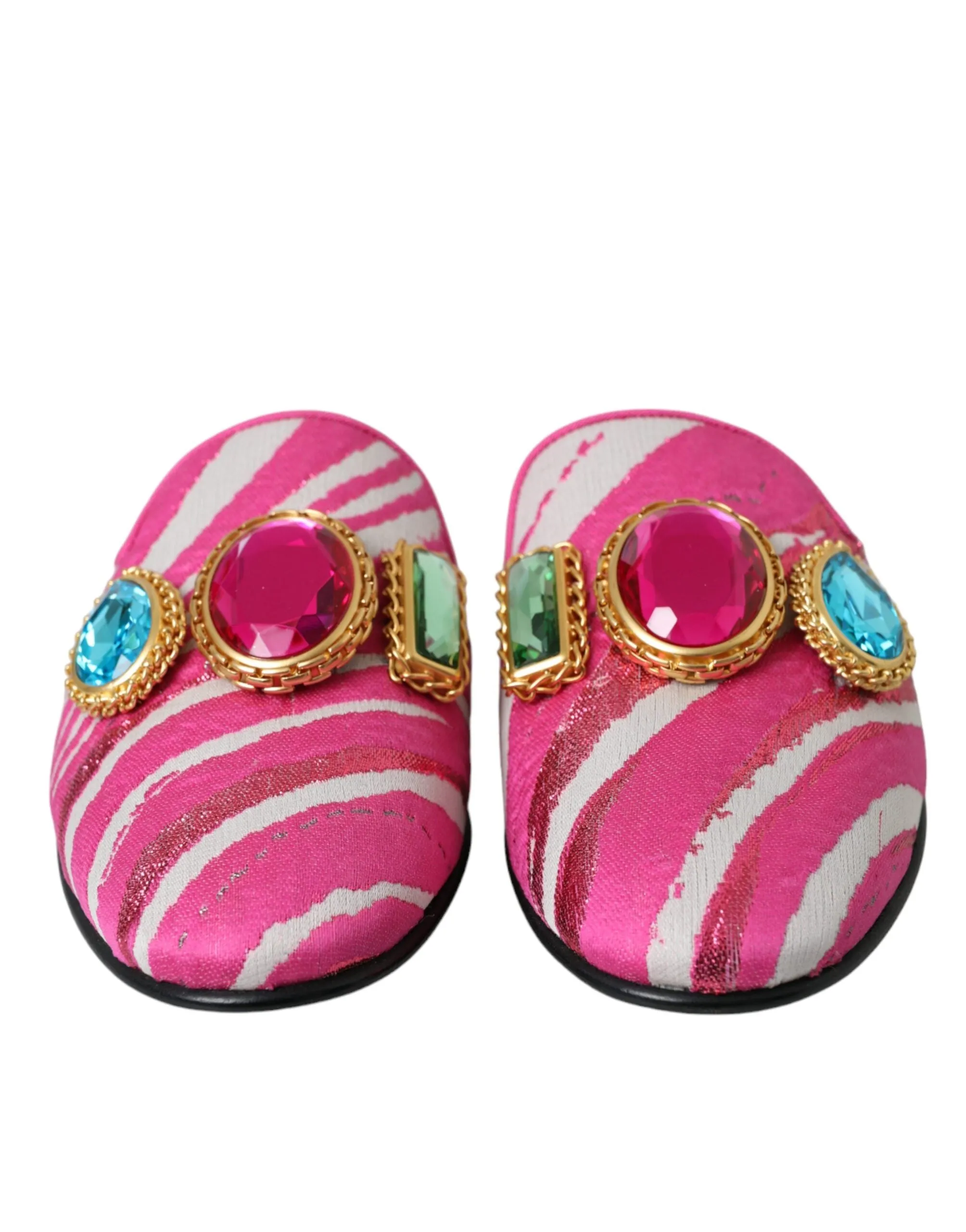 Dolce & Gabbana Pink Jacquard Crystal Mule Flat Sandals Shoes Emergency Flats Shoes