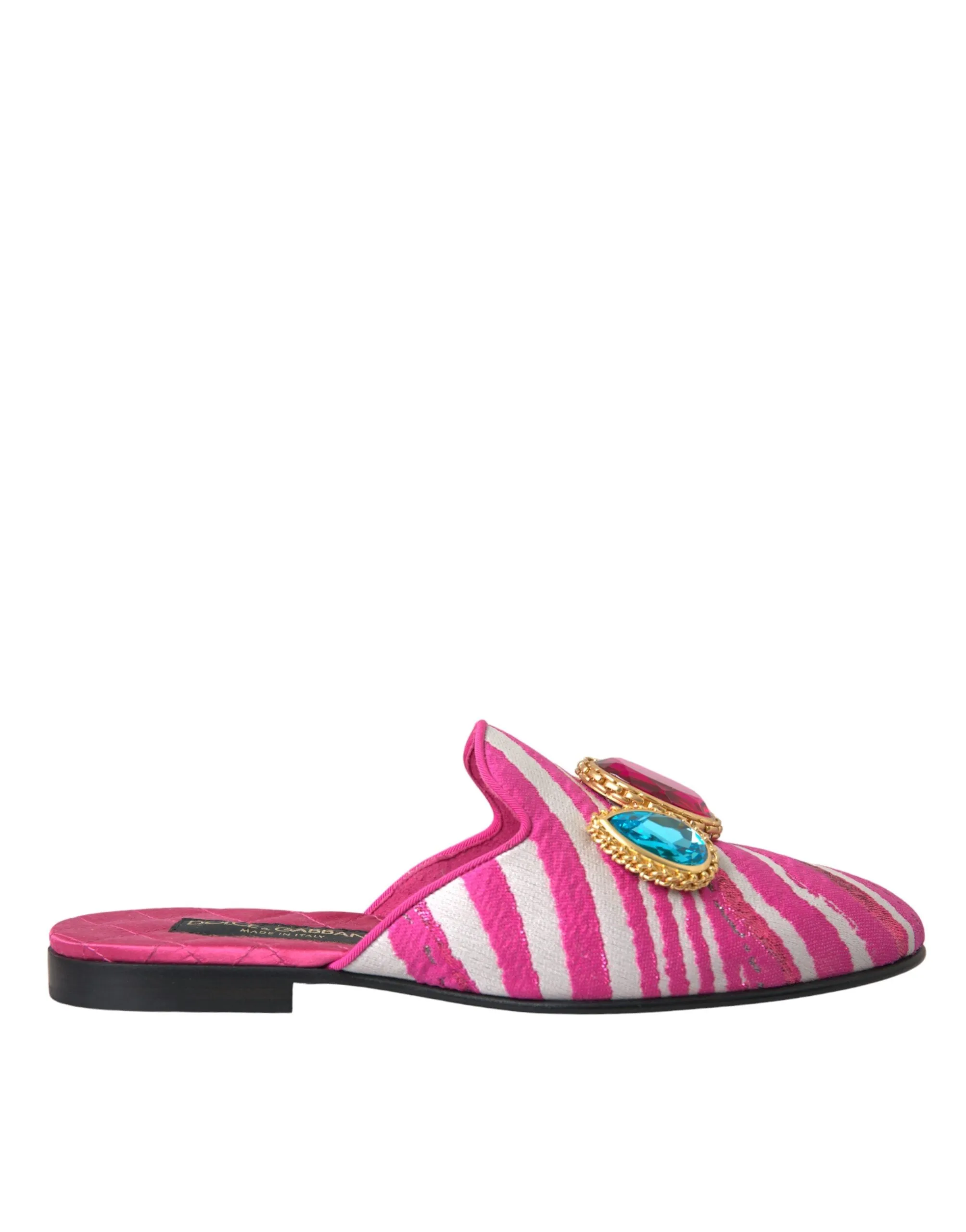 Crystal Flat Shoes Dolce & Gabbana Pink Jacquard Crystal Mule Flat Sandals Shoes
