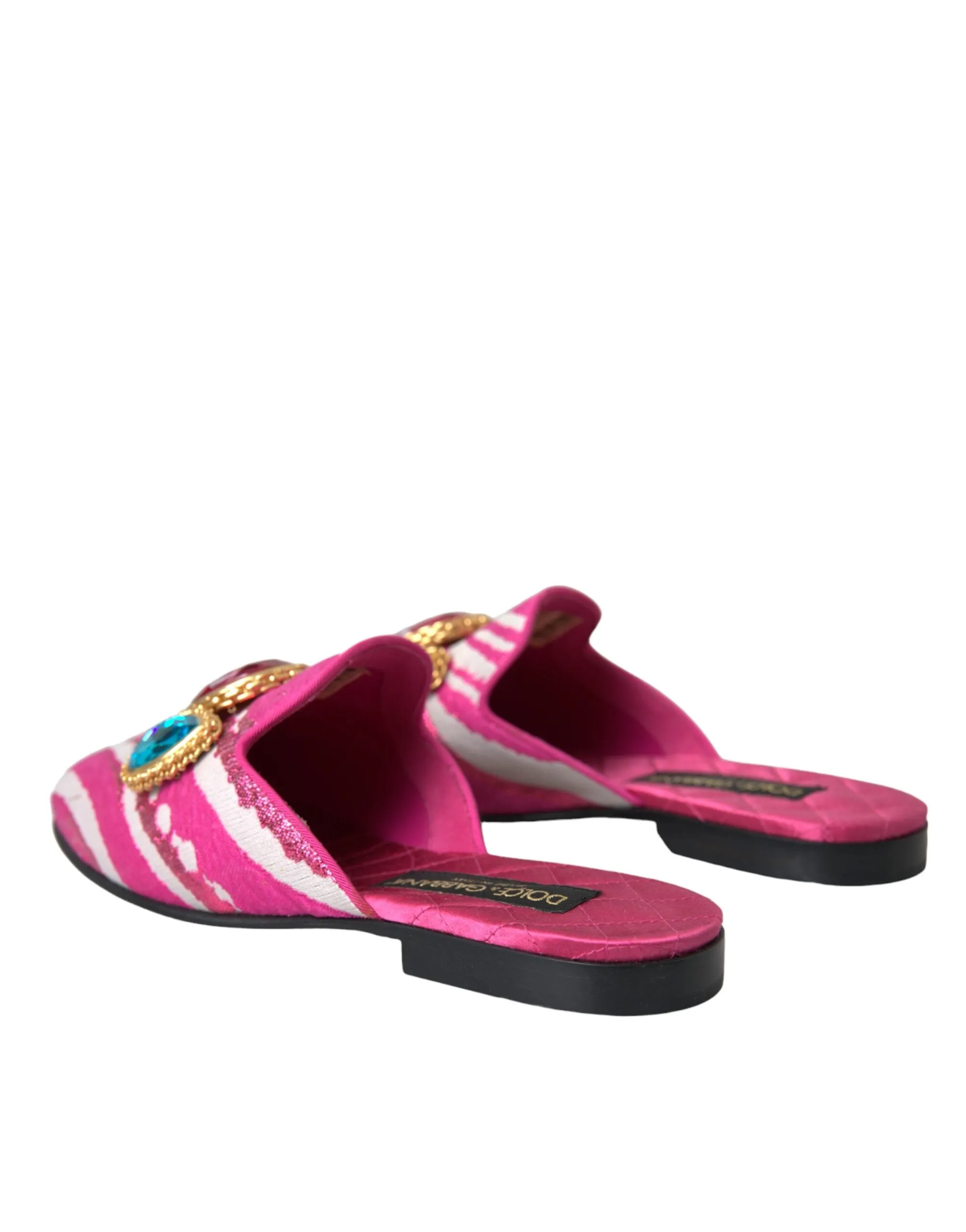 Dolce & Gabbana Pink Jacquard Crystal Mule Flat Sandals Shoes Short Wedding Dress Flat Shoes