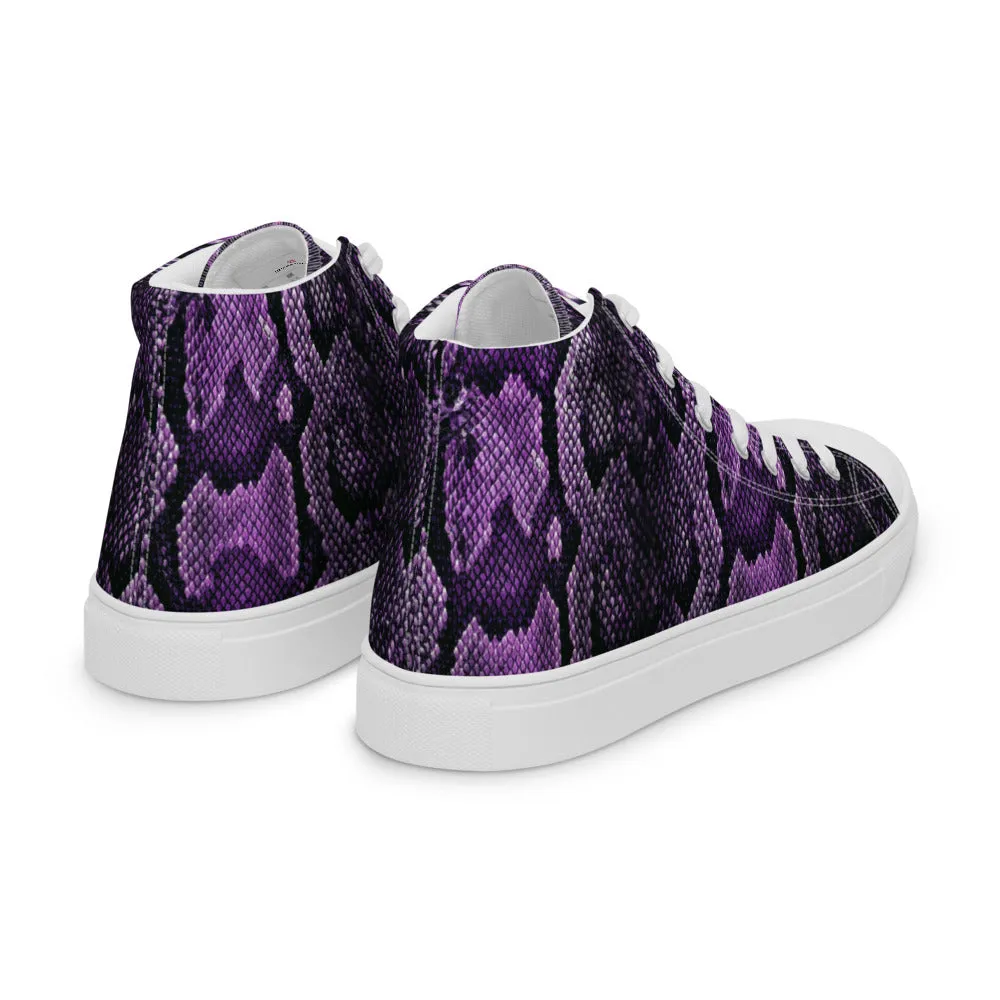 Motorcycle Boots Tall Purple Snake Print Men's Sneakers, Modern Python Stylish Snake Print Designer Men's High Top Tennis Shoes (US Size: 5-13)