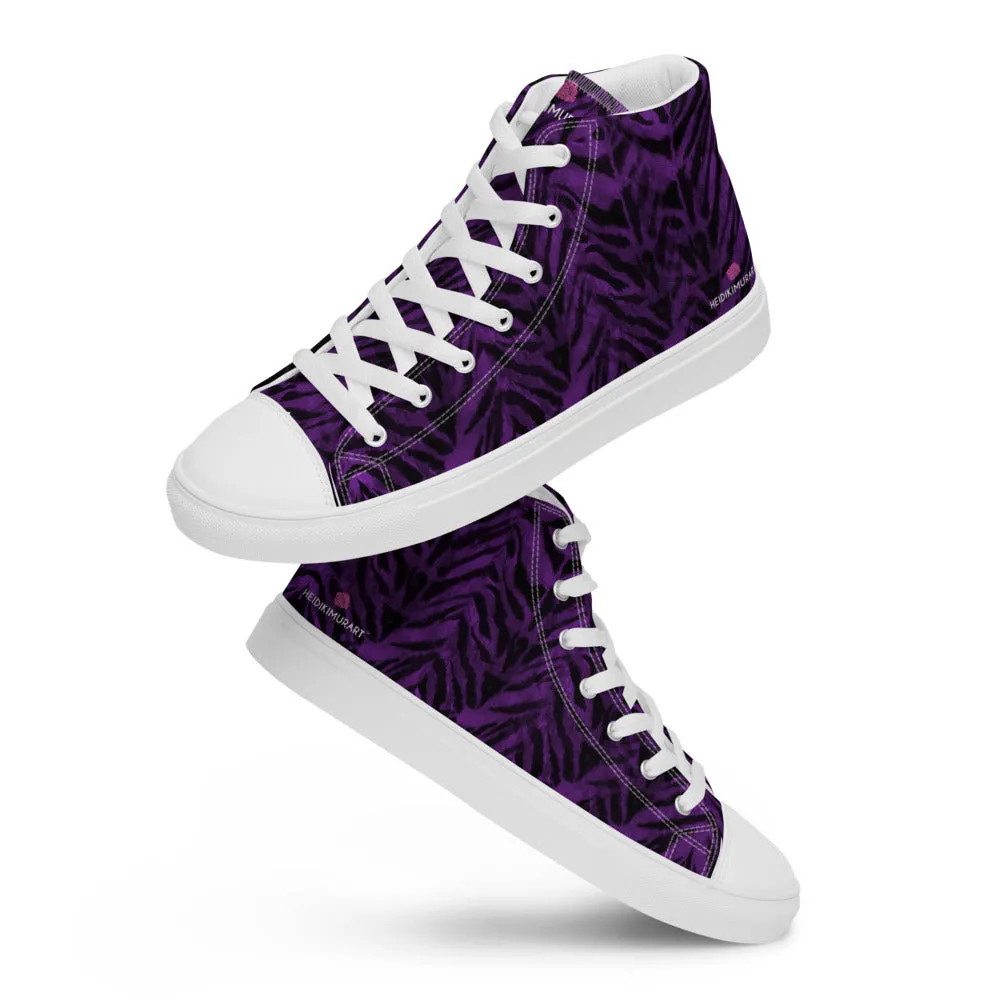 Tall Combat Boots Purple Tiger Striped Men's Sneakers, Tiger Faux Skin Striped Animal Print Designer High Tops For Men