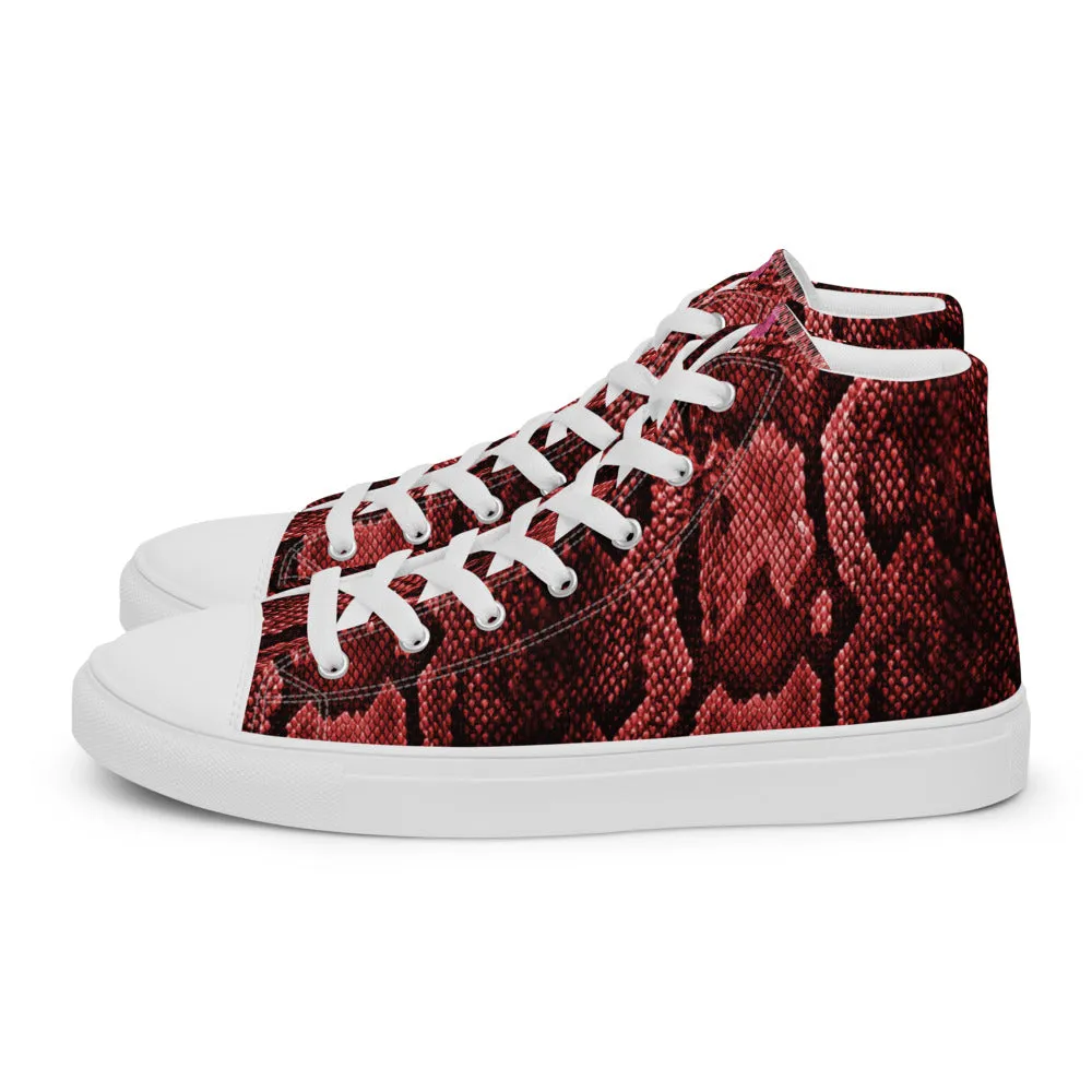 Red Snake Print Men's Sneakers, Modern Python Stylish Snake Print Designer Men's High Top Tennis Shoes (US Size: 5-13) Boots Of Blinding Speed Morrowind