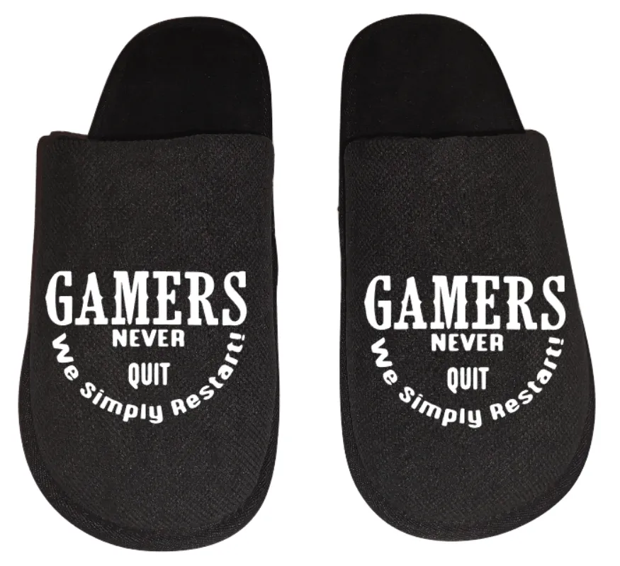 Plush House Slippers Gamers never quit we simply restart video game Gamer Gaming Men's Slippers / House Shoes slides dad husband father son gift