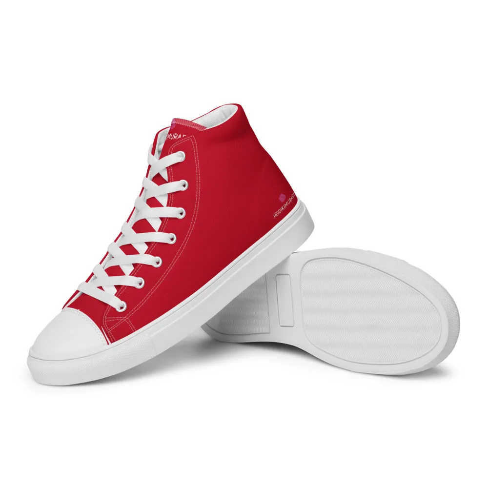 Red Color Men's High Tops, Solid Red Color Mens High Top Sneakers Canvas Tennis Shoes With White Laces and Faux Leather Toe Caps (US Size: 5-13) Chore Boots