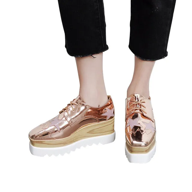 Women Gold Creepers Platform Casual Shoes Yeezy 500 Lace Up Sneakers Shoes Casual