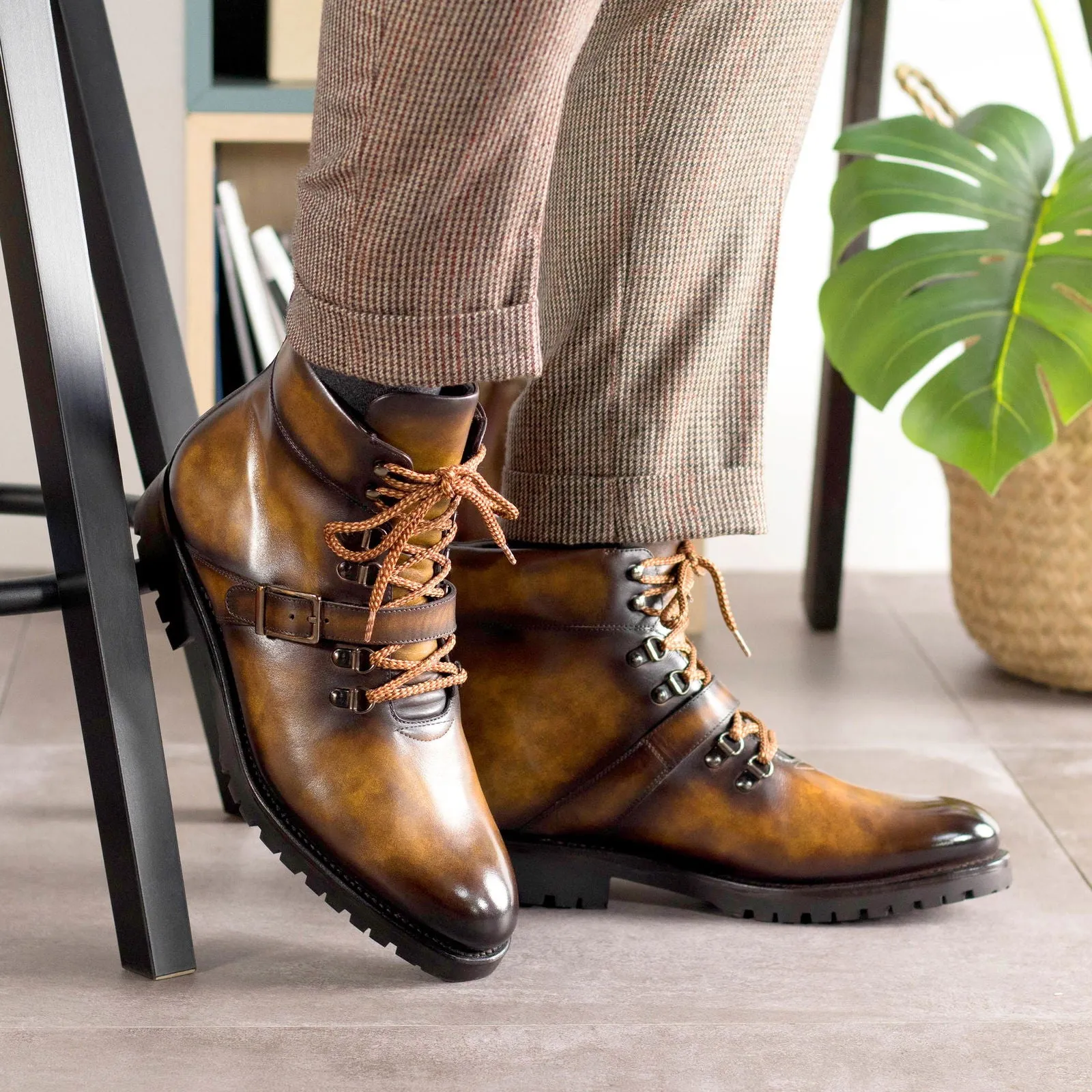 Men's Hiking Boots Patina Goodyear Welt Wide Plus Size Brown 5589 Hedgehog Fastpack Hiking Shoes