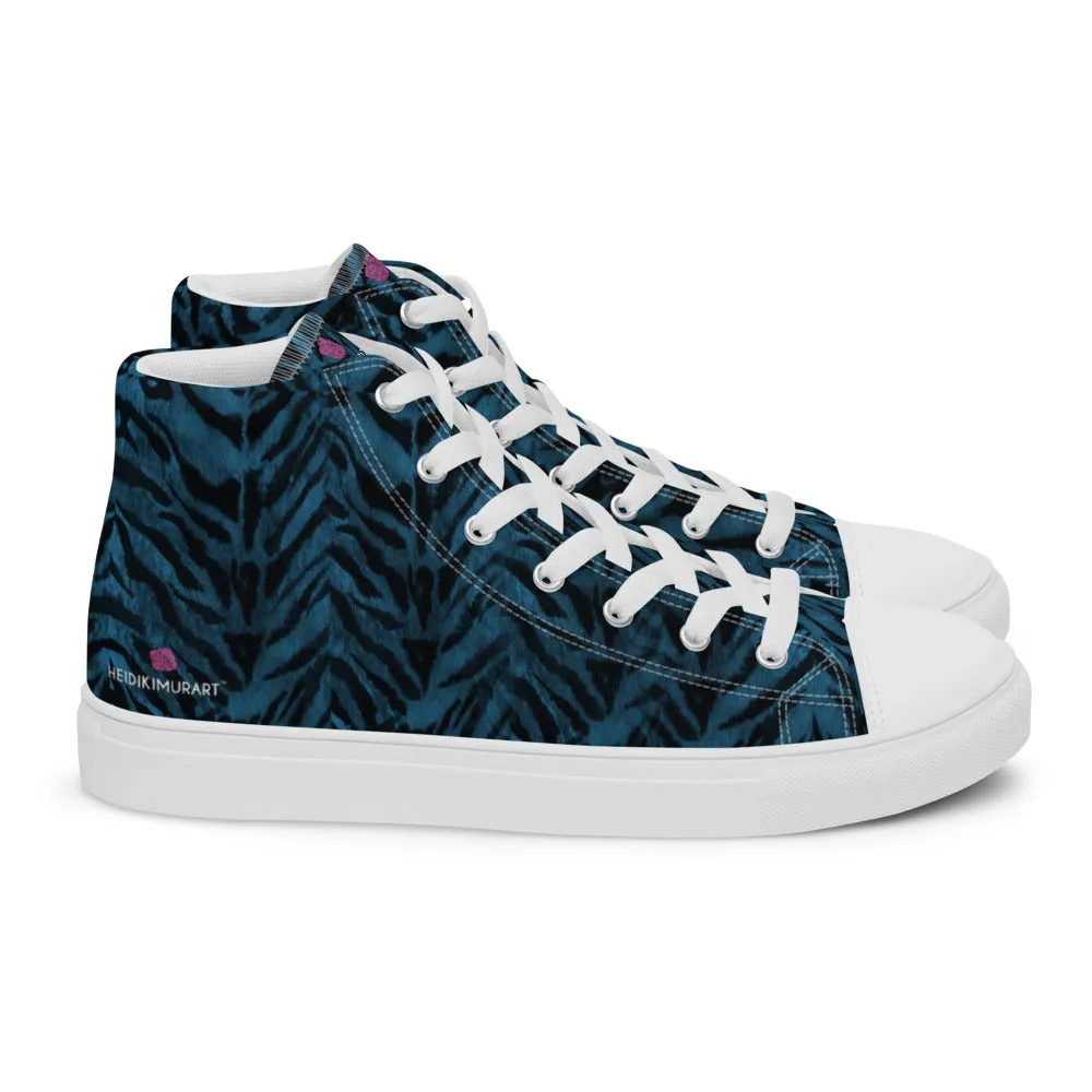 Cowgirl Boots Clipart Blue Tiger Striped Men's Sneakers, Animal Print Premium High Top Tennis Shoes For Men (US Size: 5-13)