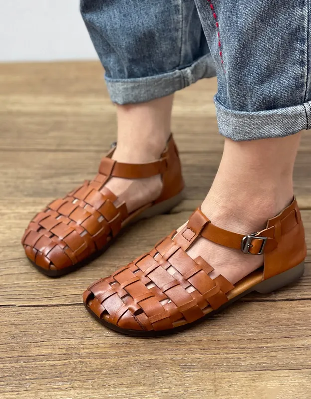 Square Toe Soft Leather Woven Fishermen Sandals Flat Hiking Shoes