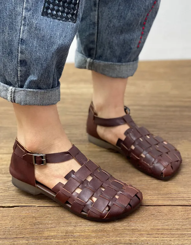 Square Toe Soft Leather Woven Fishermen Sandals Flat Footed Shoes For Lifting