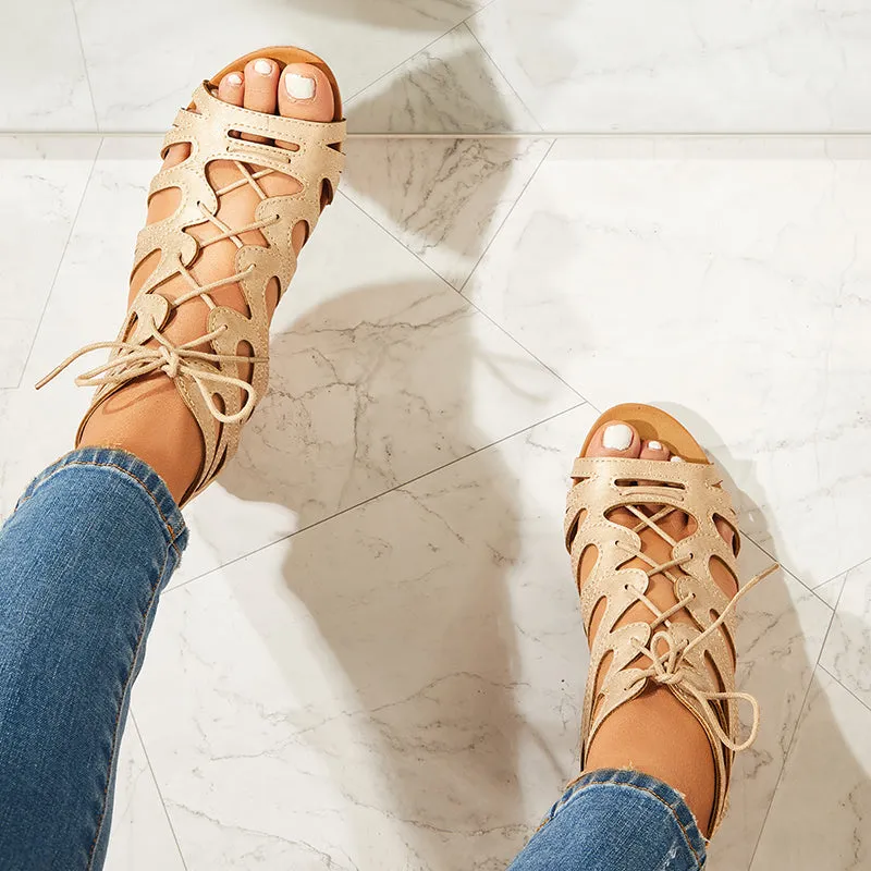 Lace Up Gladiator Wedges Peep Toe Cutout Back Zip Sandals Casual Summer Slip On Shoes