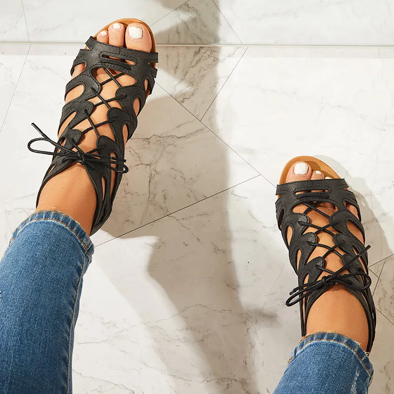 Lace Up Gladiator Wedges Peep Toe Cutout Back Zip Sandals New Casual Shoes