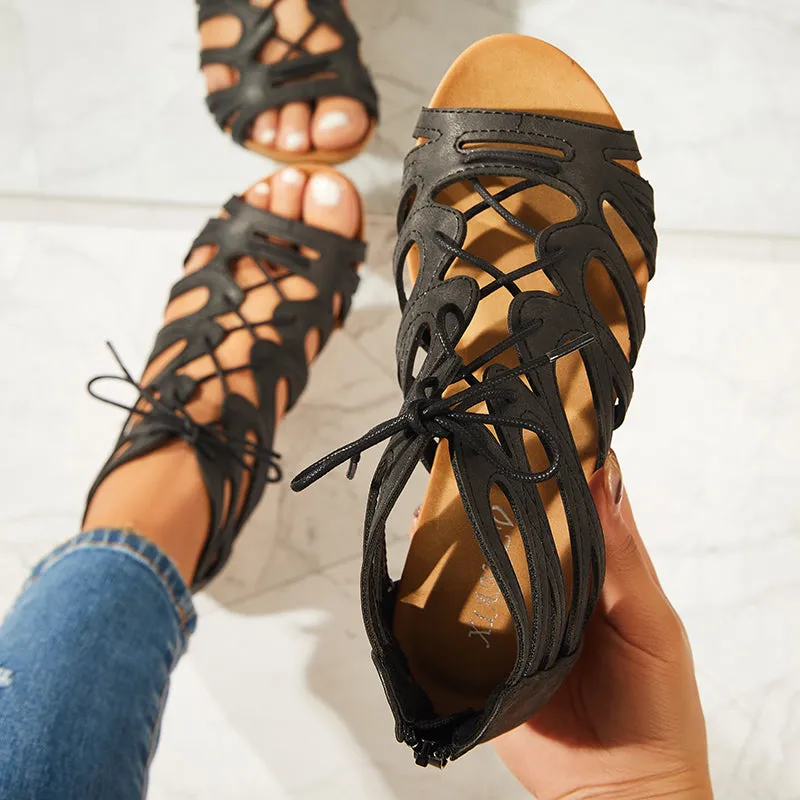 Lace Up Gladiator Wedges Peep Toe Cutout Back Zip Sandals Air Jordan Retro 1 Mid Casual Shoes