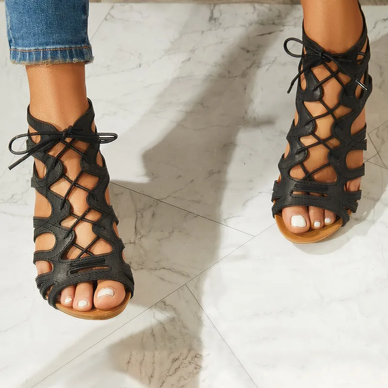Lace Up Gladiator Wedges Peep Toe Cutout Back Zip Sandals Casual Derby