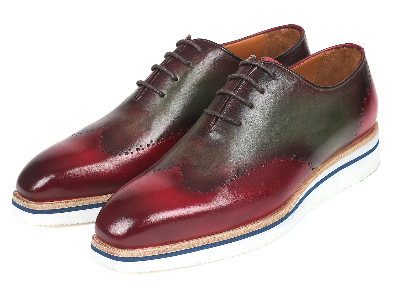 Mid Ankle Casual Shoes Paul Parkman Men's Smart Casual Wingtip Oxfords Bordeaux & Green (ID#187-BRD-GRN)