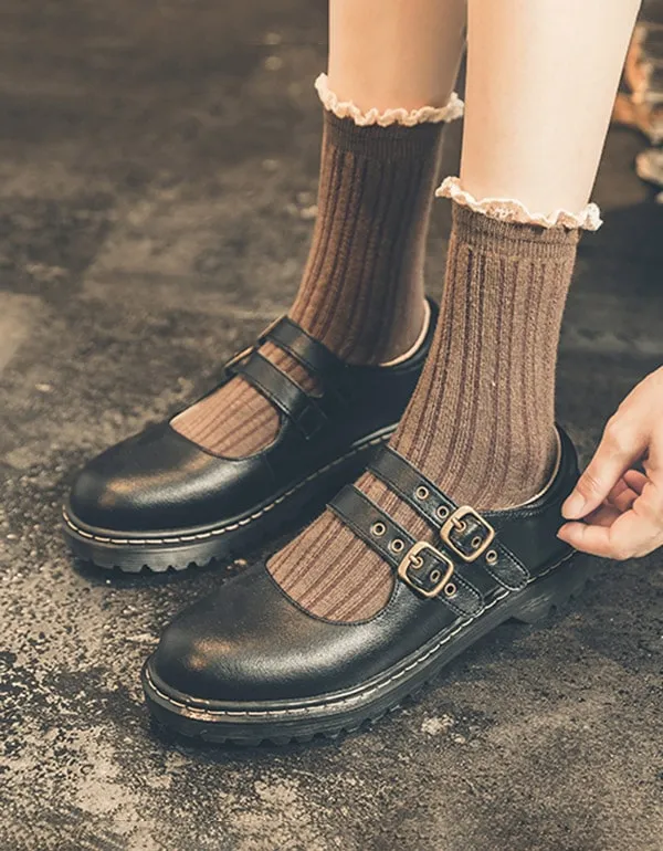 Front Double Buckle Vintage Mary Jane Shoes Flat Dress Shoes With Arch Support