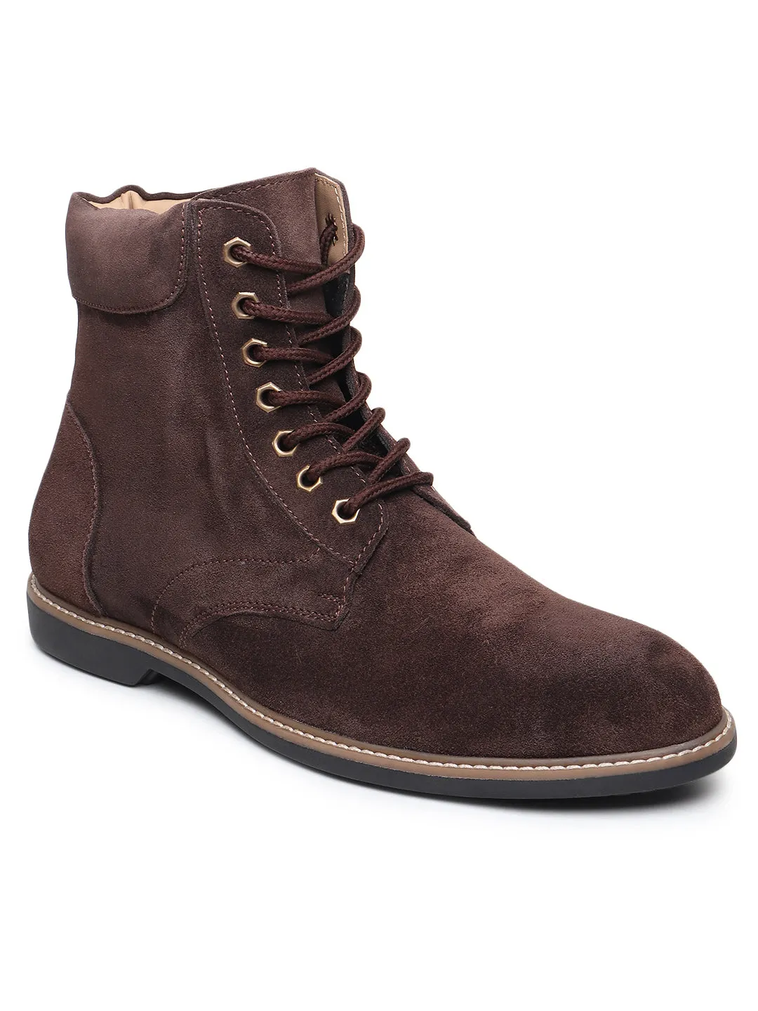 D'orsay Shoes Flats Teakwood Men Brown Solid Round Toe Suede Mid-Top Flat Lace-up Boot