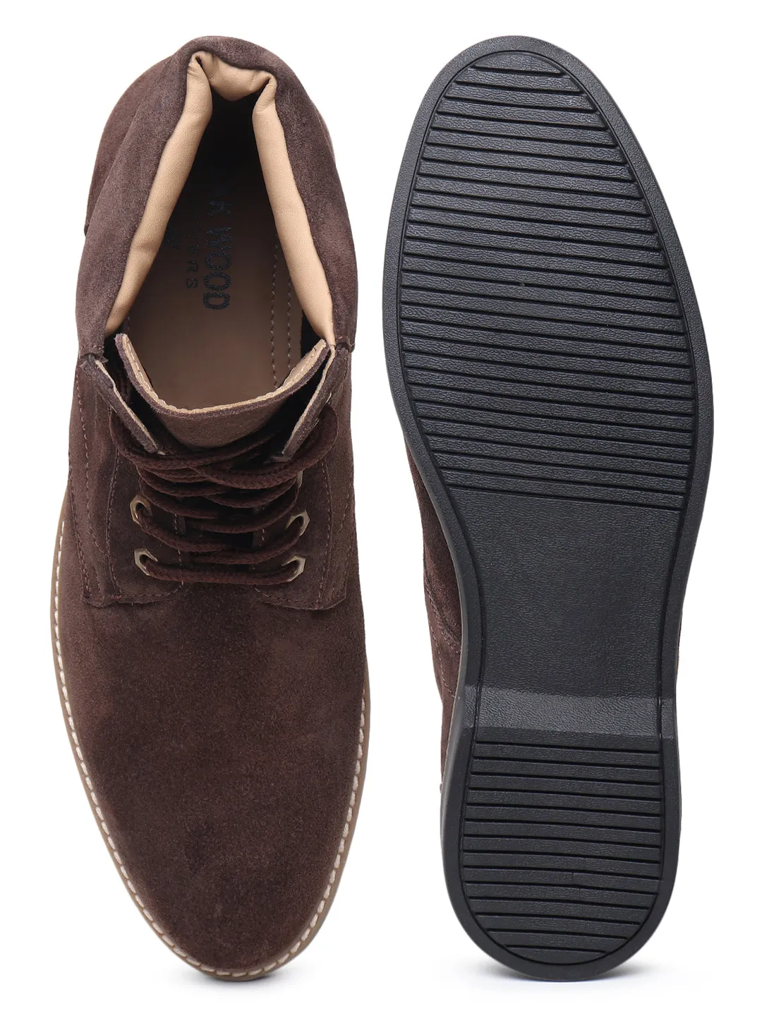 Flat Shoes Outfit Ideas Teakwood Men Brown Solid Round Toe Suede Mid-Top Flat Lace-up Boot