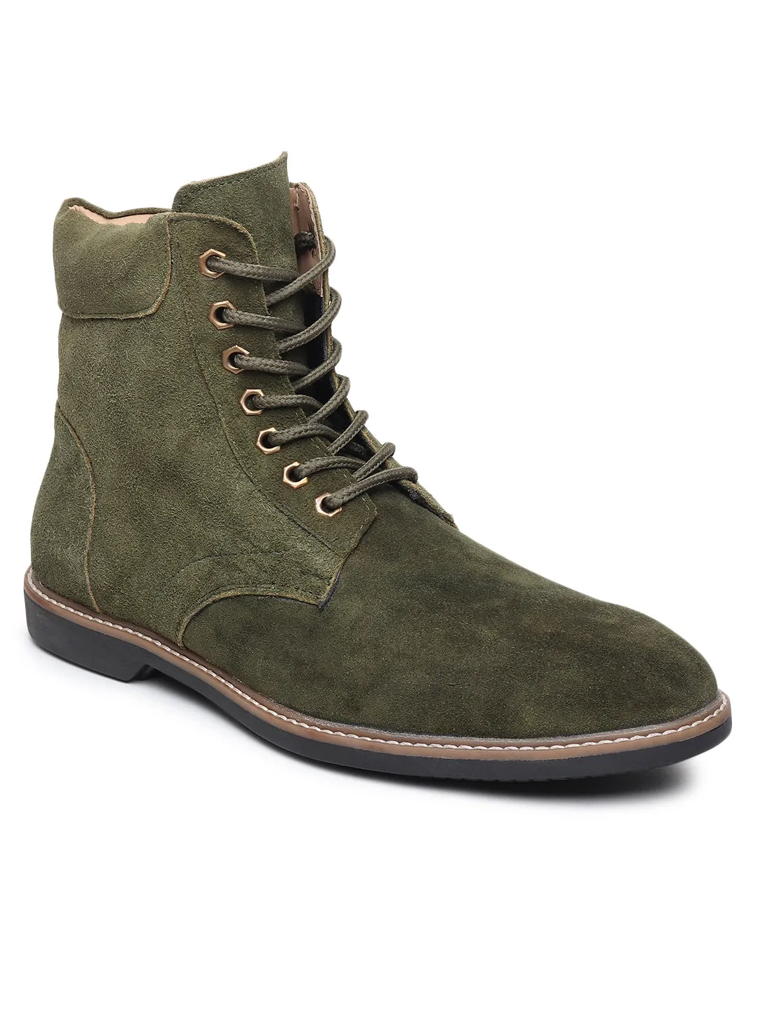 Cos Flat Shoes Teakwood Men Olive Solid Round Toe Suede Mid-Top Flat Lace-up Boot