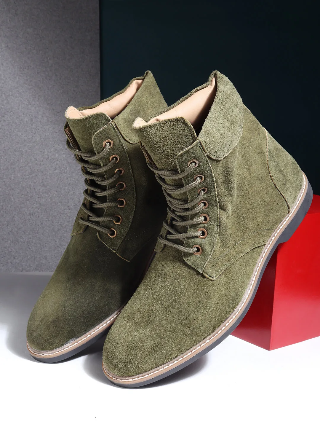 Teakwood Men Olive Solid Round Toe Suede Mid-Top Flat Lace-up Boot Ashro Shoes