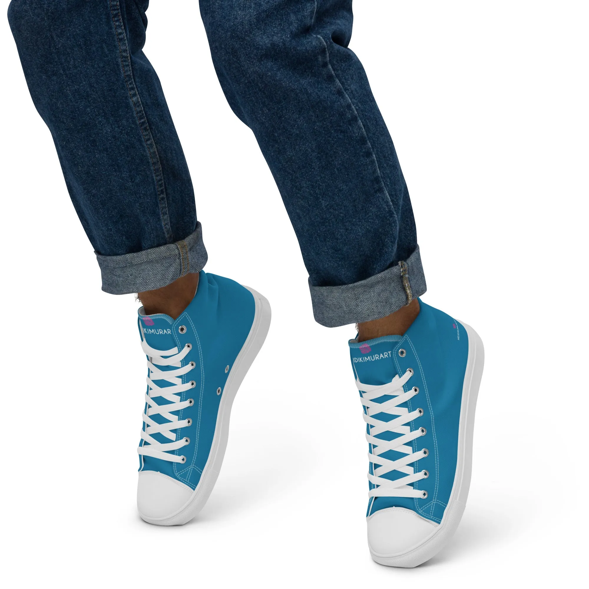 High Heel Cowboy Boots Teal Blue Men's High Tops, Solid Color Best Mens high top canvas shoes