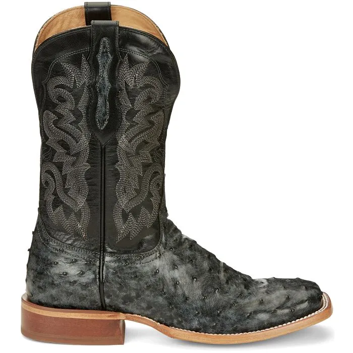 Tony Lama Moore 11" Grey Blackened Blue Goat Full Quill Ostrich Wide Square Toe Boot Steel Toe Snow Boots