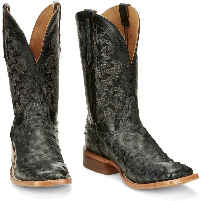 Tony Lama Moore 11" Grey Blackened Blue Goat Full Quill Ostrich Wide Square Toe Boot Boots To Wear With Flare Jeans