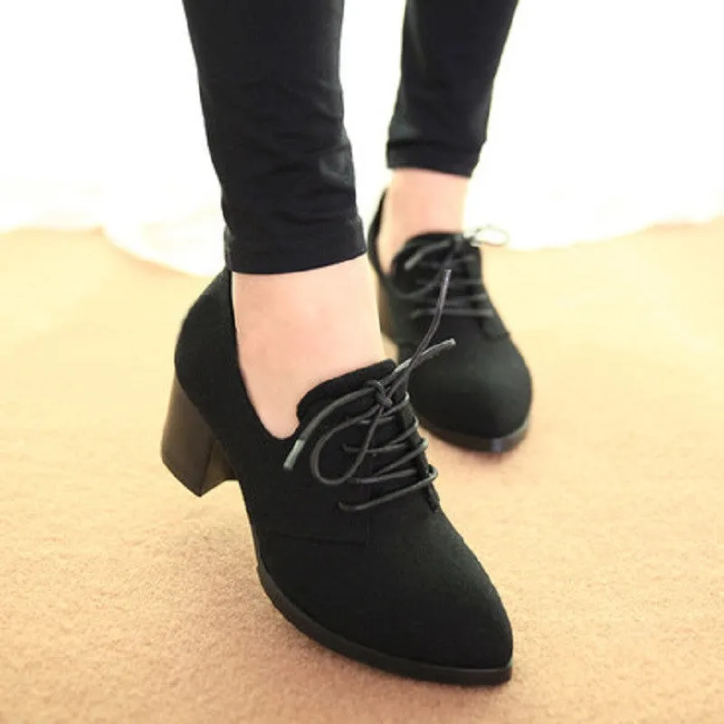 Extra Wide Shoes Casual spring women shoes stylish comfortable high-heeled shoes, pointed retro lace wild single shoes work shoes