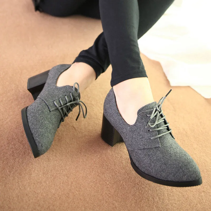 spring women shoes stylish comfortable high-heeled shoes, pointed retro lace wild single shoes work shoes Extra Wide Width Casual Shoes