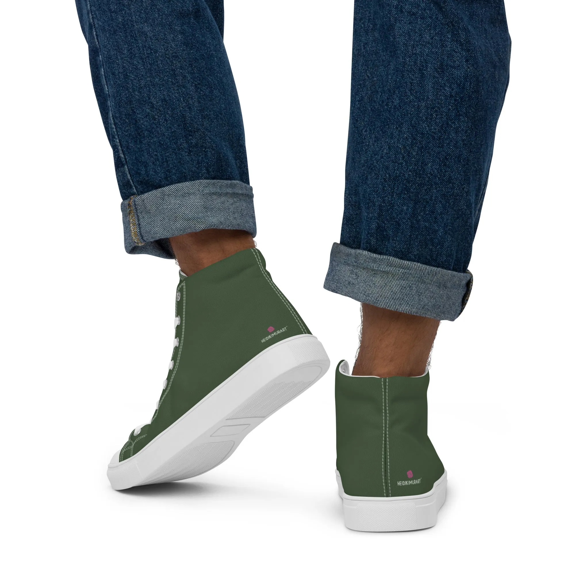 Ralph Lauren Boots Dark Green Men's High Tops, Solid Green Color Mens High Top Sneakers Canvas Tennis Shoes With White Laces and Faux Leather Toe Caps (US Size: 5-13)